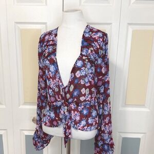 Free People Burgundy Floral Print Tie Front Blouse Women's Size S Ruffle Sleeve